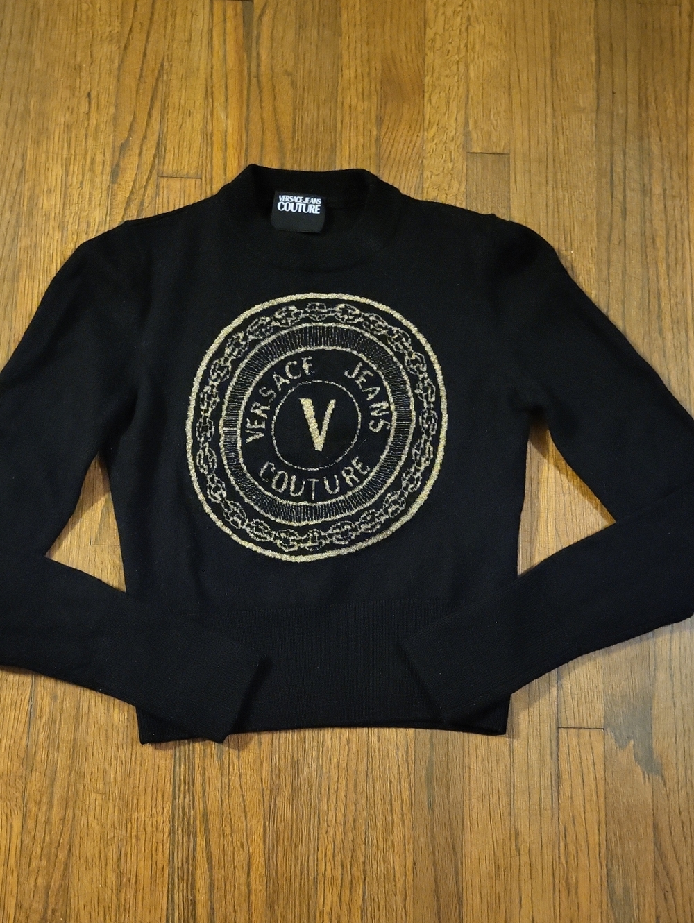 Versace Jeans Collection Cropped Black Sweater with Gold Logo
